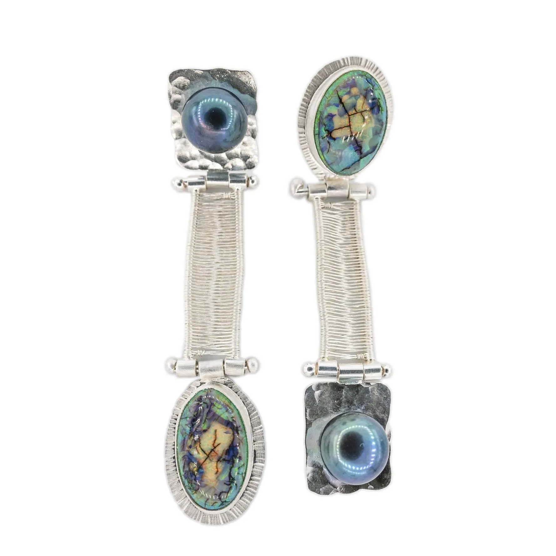 Lyris - Double Opal Hinged Woven Silver Bridge Earrings with Black Pearls