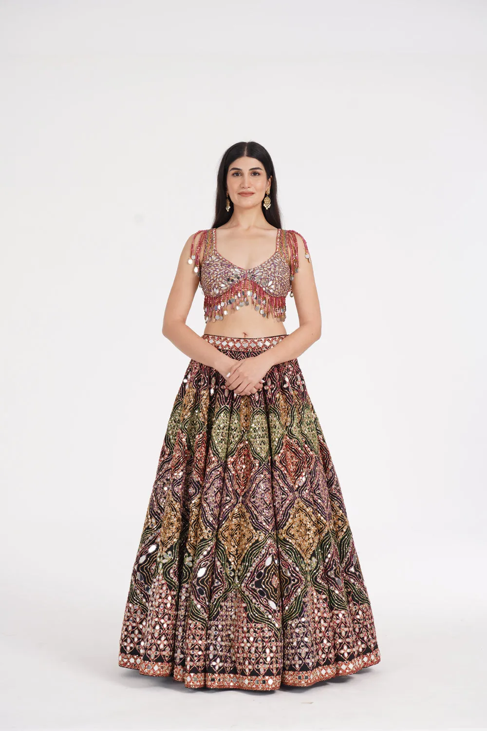 Matte Black Lehenga Embellished Using Warm Pastels