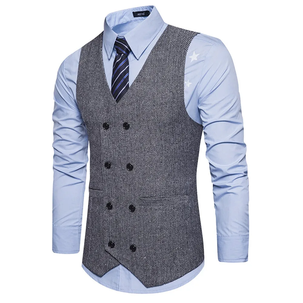 Men's V Neck Double Breasted Belt Design Waistcoat