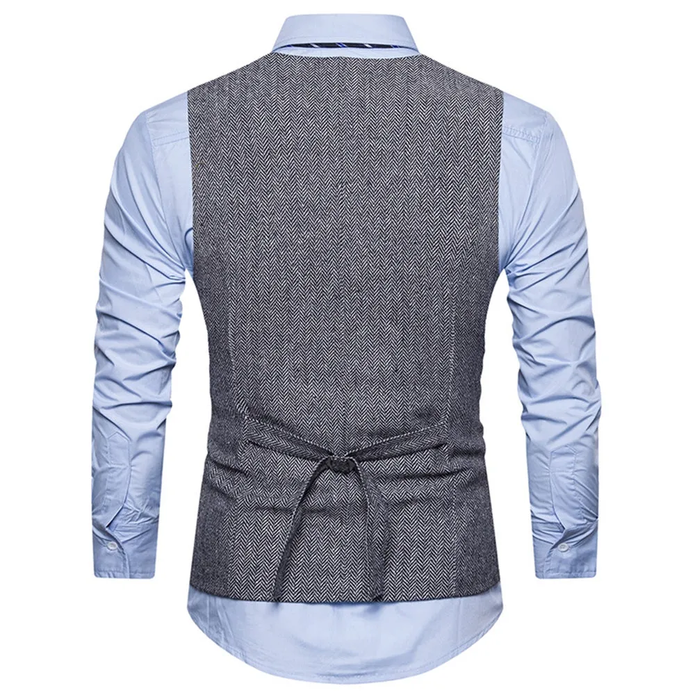 Men's V Neck Double Breasted Belt Design Waistcoat