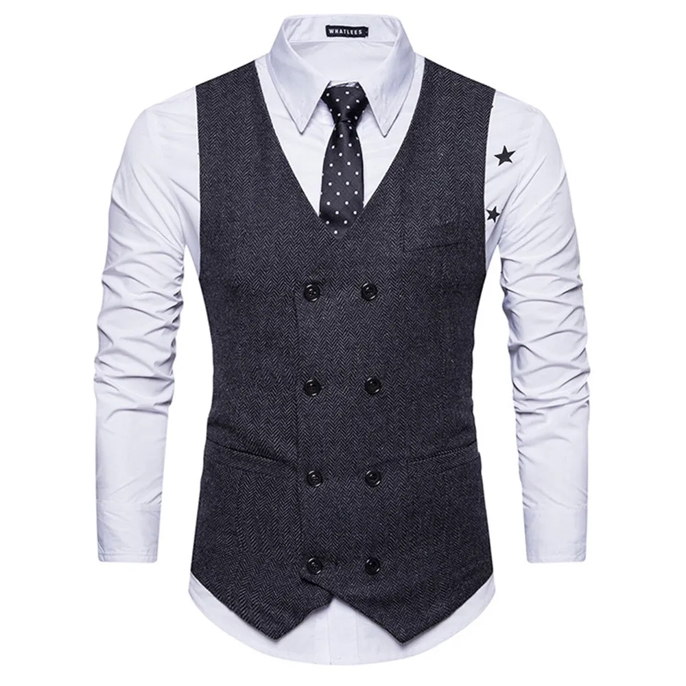Men's V Neck Double Breasted Belt Design Waistcoat