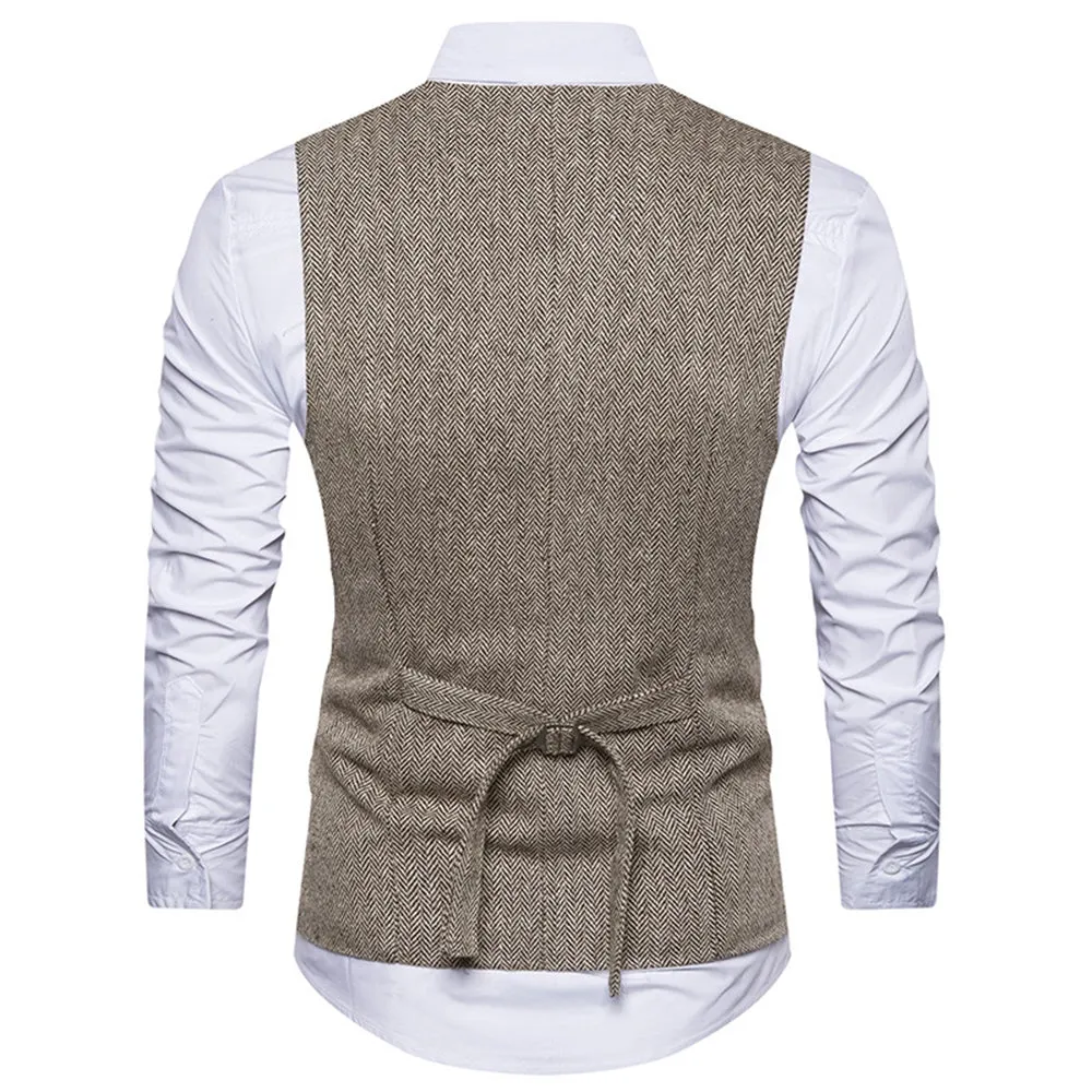 Men's V Neck Double Breasted Belt Design Waistcoat