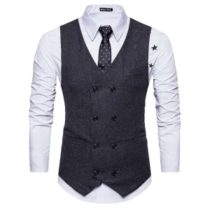 Men's V Neck Double Breasted Belt Design Waistcoat