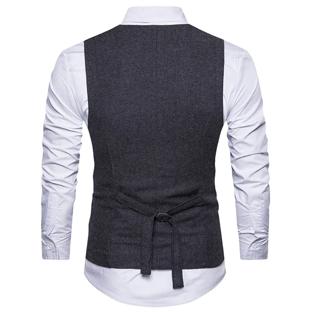Men's V Neck Double Breasted Belt Design Waistcoat