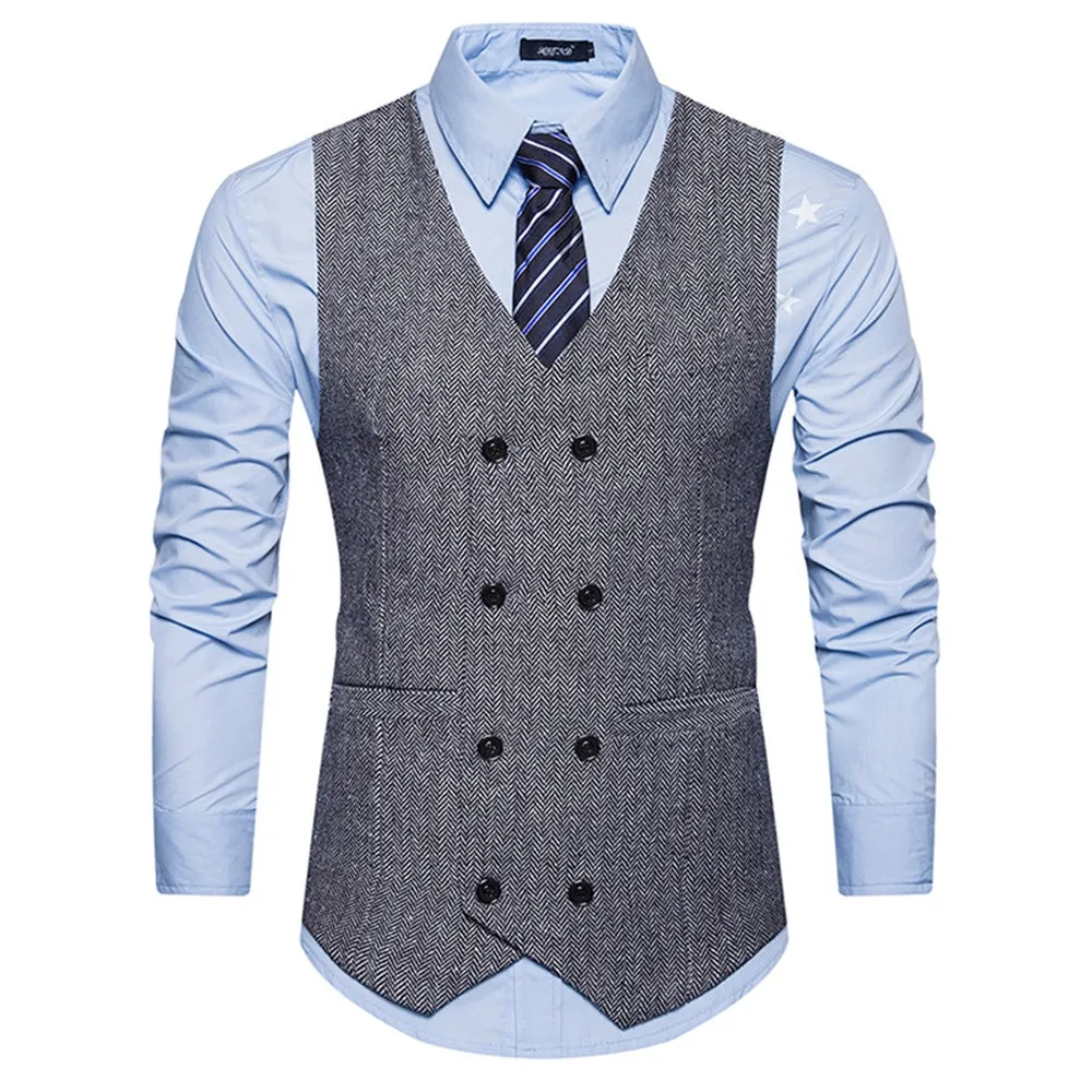 Men's V Neck Double Breasted Belt Design Waistcoat