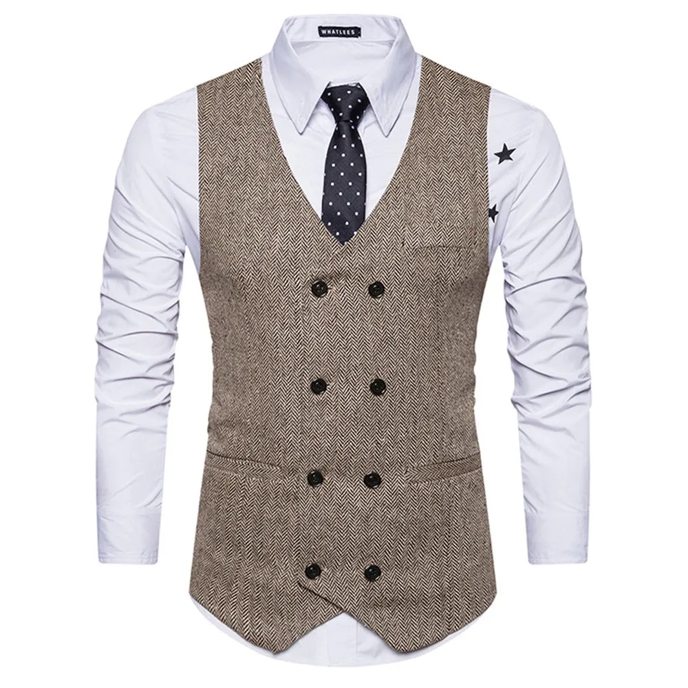 Men's V Neck Double Breasted Belt Design Waistcoat