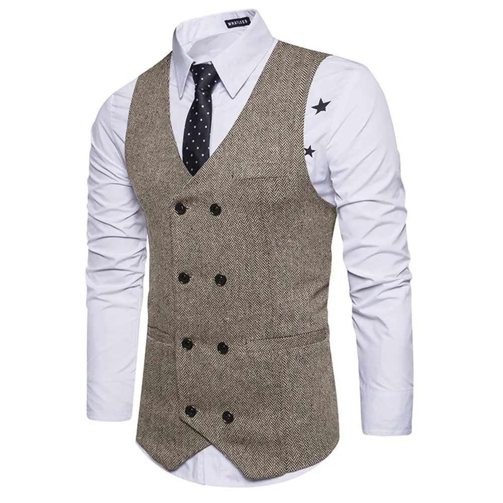 Men's V Neck Double Breasted Belt Design Waistcoat