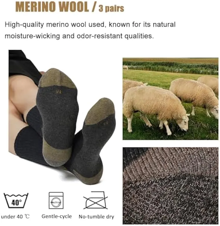 MERINO WOOL SOCKS MENS CUSHIONED CREW SOCKS 3 PACK