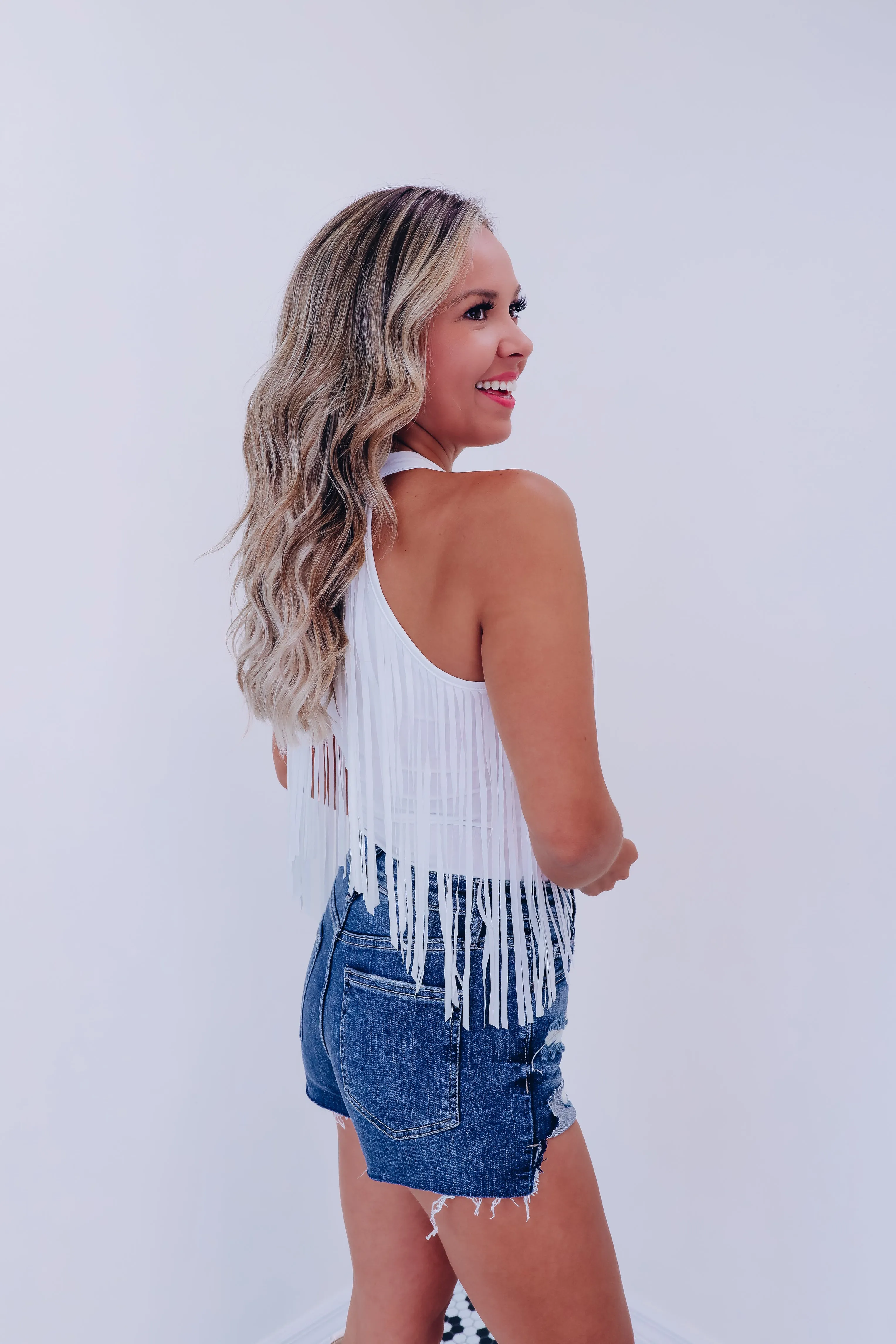 Mineola Mock Neck Fringe Bodysuit - White