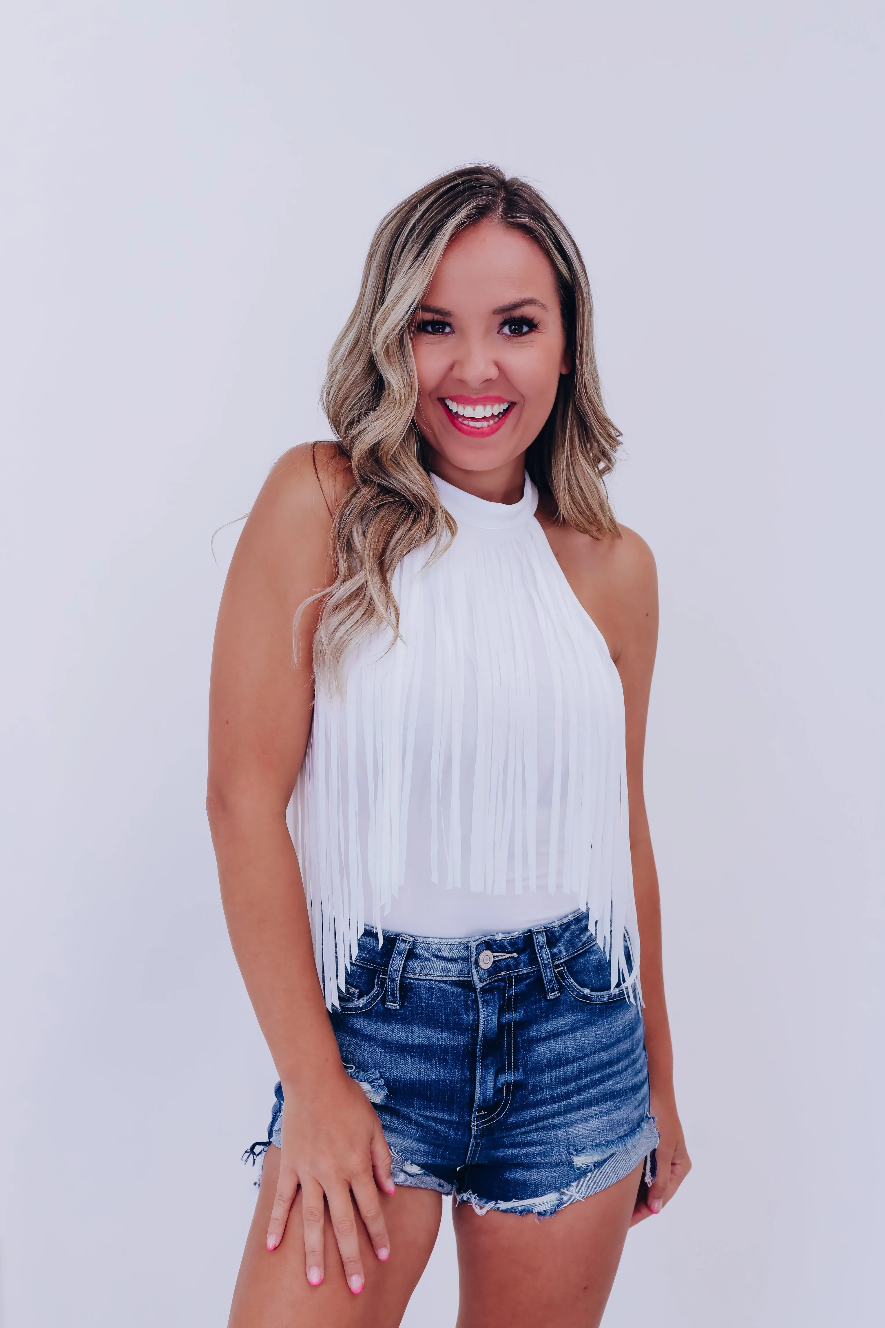 Mineola Mock Neck Fringe Bodysuit - White