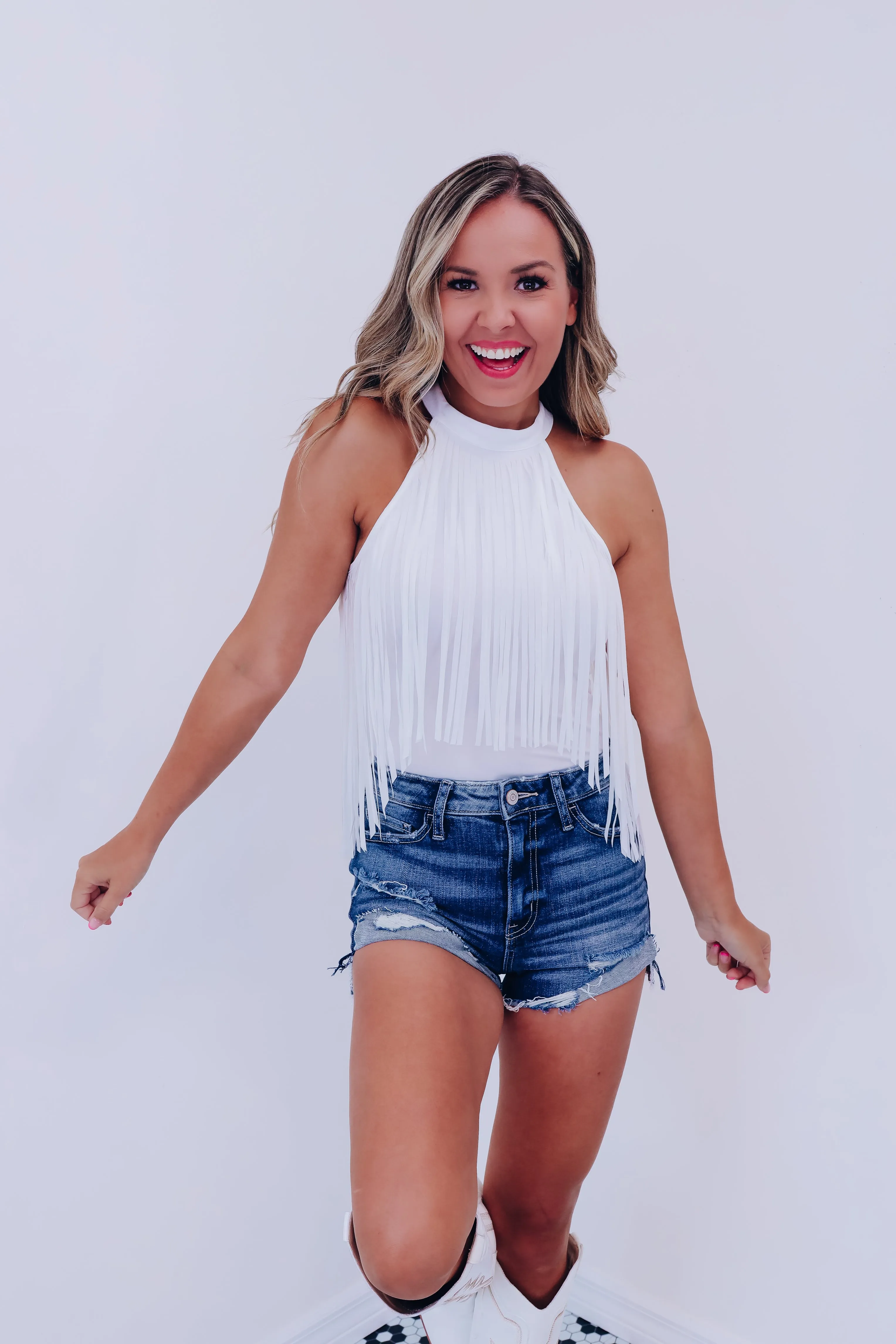 Mineola Mock Neck Fringe Bodysuit - White