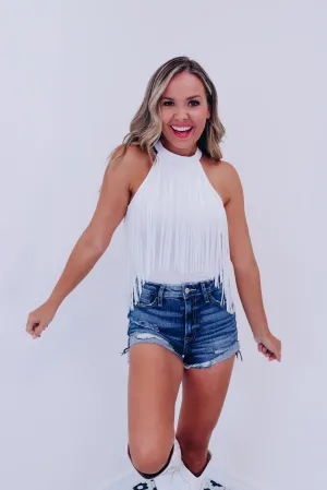 Mineola Mock Neck Fringe Bodysuit - White
