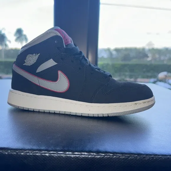 Nike Air Jordan 1 Mid Black Particle Grey Gym Red, Youth Size 6.5