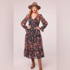 NWT Cowgirl Boho Cottagecore Prairie Pine Paisley Empire Waist MIDI Dress Size S