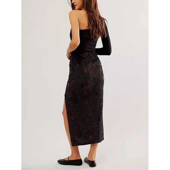NWT FREE PEOPLE NWT Rosalie Velvet Midi Skirt / Black $108 retail!