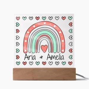 Personalized LED Night Light for Kids, Classrooms, and Teachers – Rainbow and Hearts Design