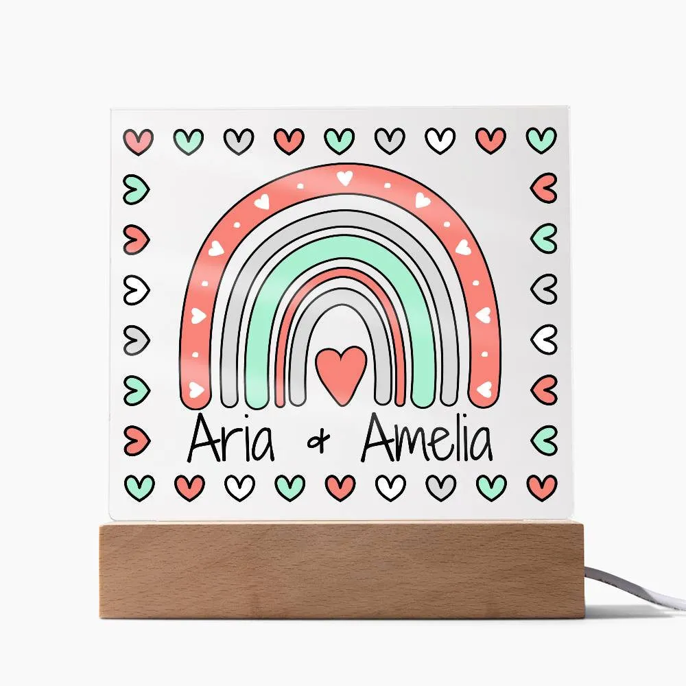 Personalized LED Night Light for Kids, Classrooms, and Teachers – Rainbow and Hearts Design