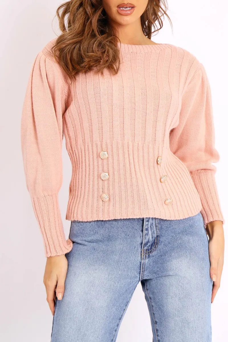 Pink Gold Button Front Knit Jumper - Eleonor