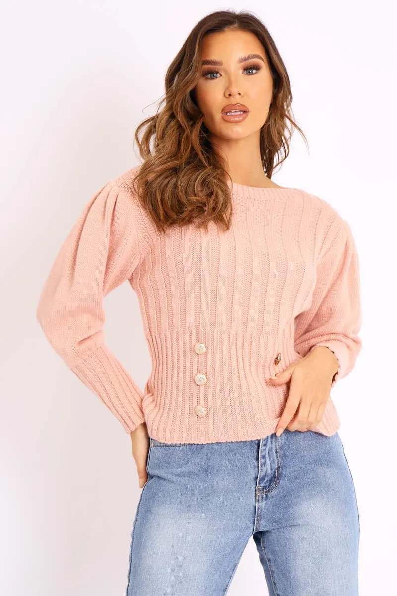 Pink Gold Button Front Knit Jumper - Eleonor