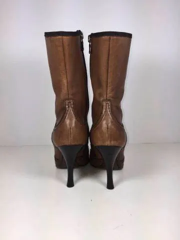 PRADA Brown Square Toe Calf High Boots Side Zip Size 6.5