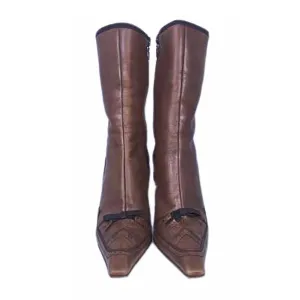 PRADA Brown Square Toe Calf High Boots Side Zip Size 6.5