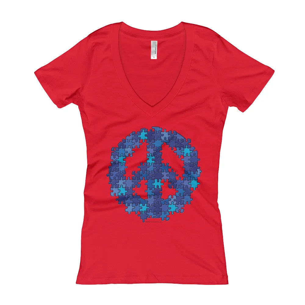 Puzzle Peace Sign Fitted V-Neck T-Shirt