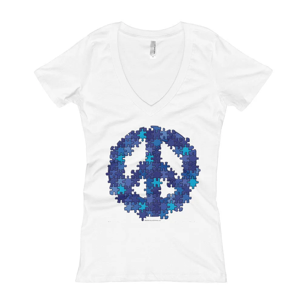 Puzzle Peace Sign Fitted V-Neck T-Shirt