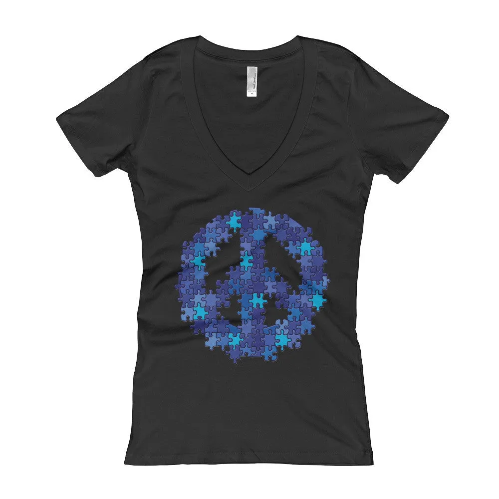 Puzzle Peace Sign Fitted V-Neck T-Shirt