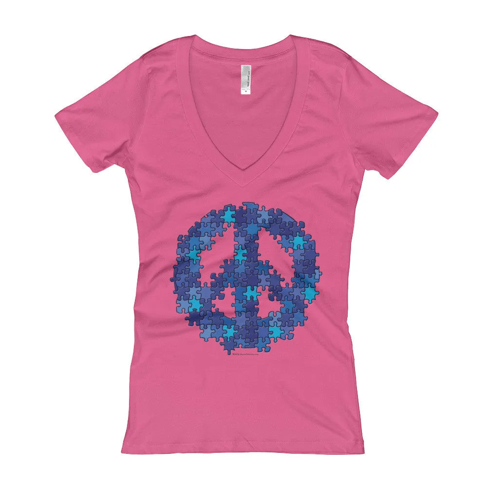 Puzzle Peace Sign Fitted V-Neck T-Shirt