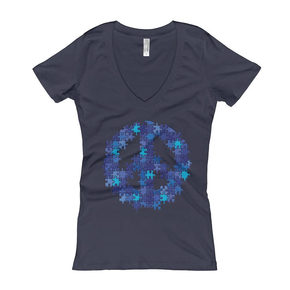 Puzzle Peace Sign Fitted V-Neck T-Shirt