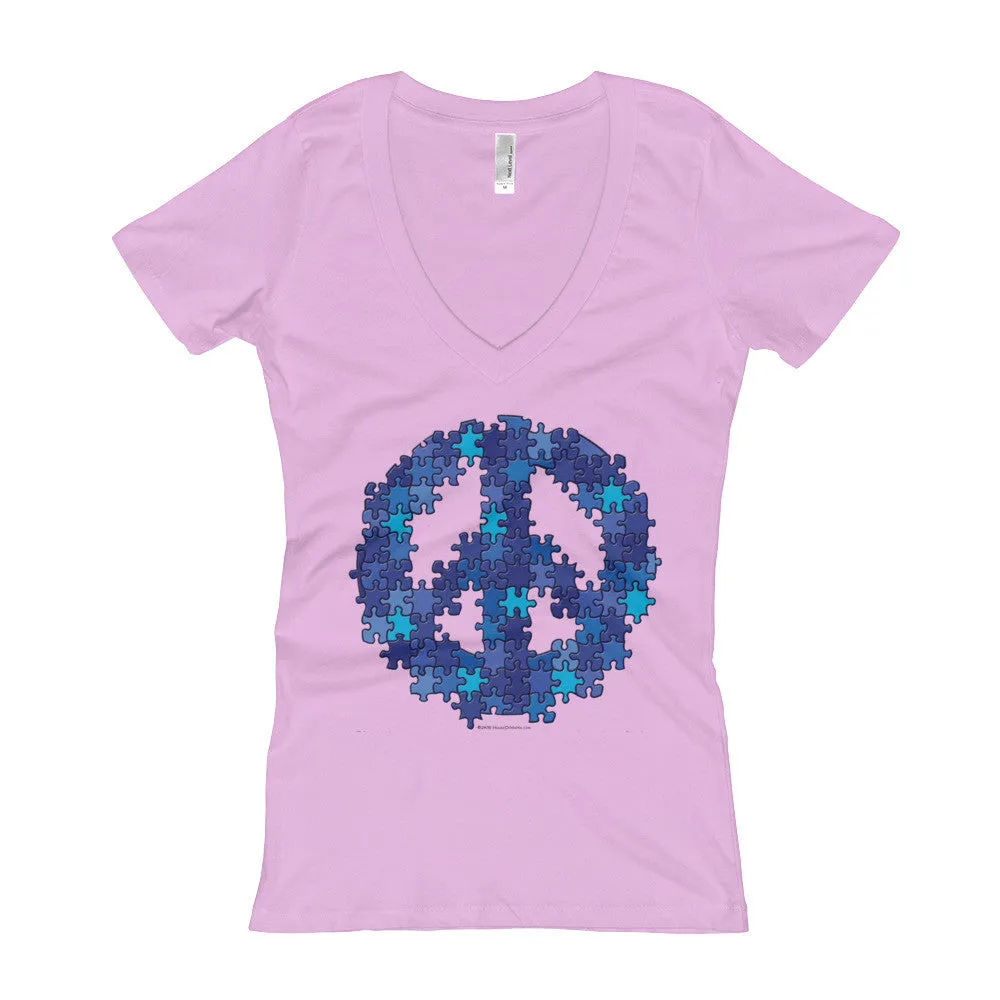 Puzzle Peace Sign Fitted V-Neck T-Shirt