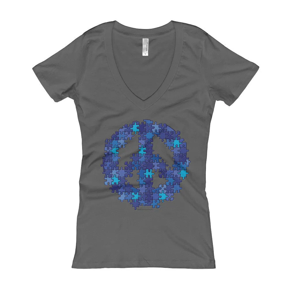 Puzzle Peace Sign Fitted V-Neck T-Shirt