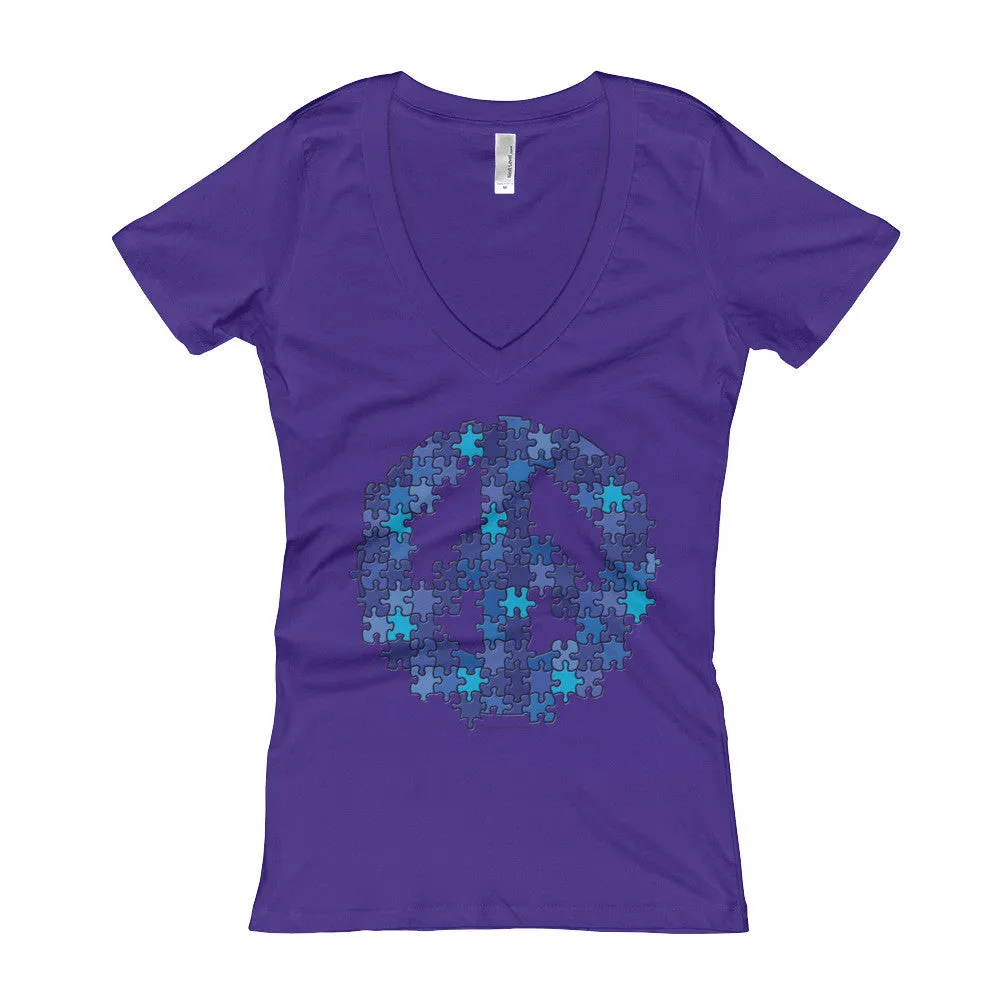 Puzzle Peace Sign Fitted V-Neck T-Shirt