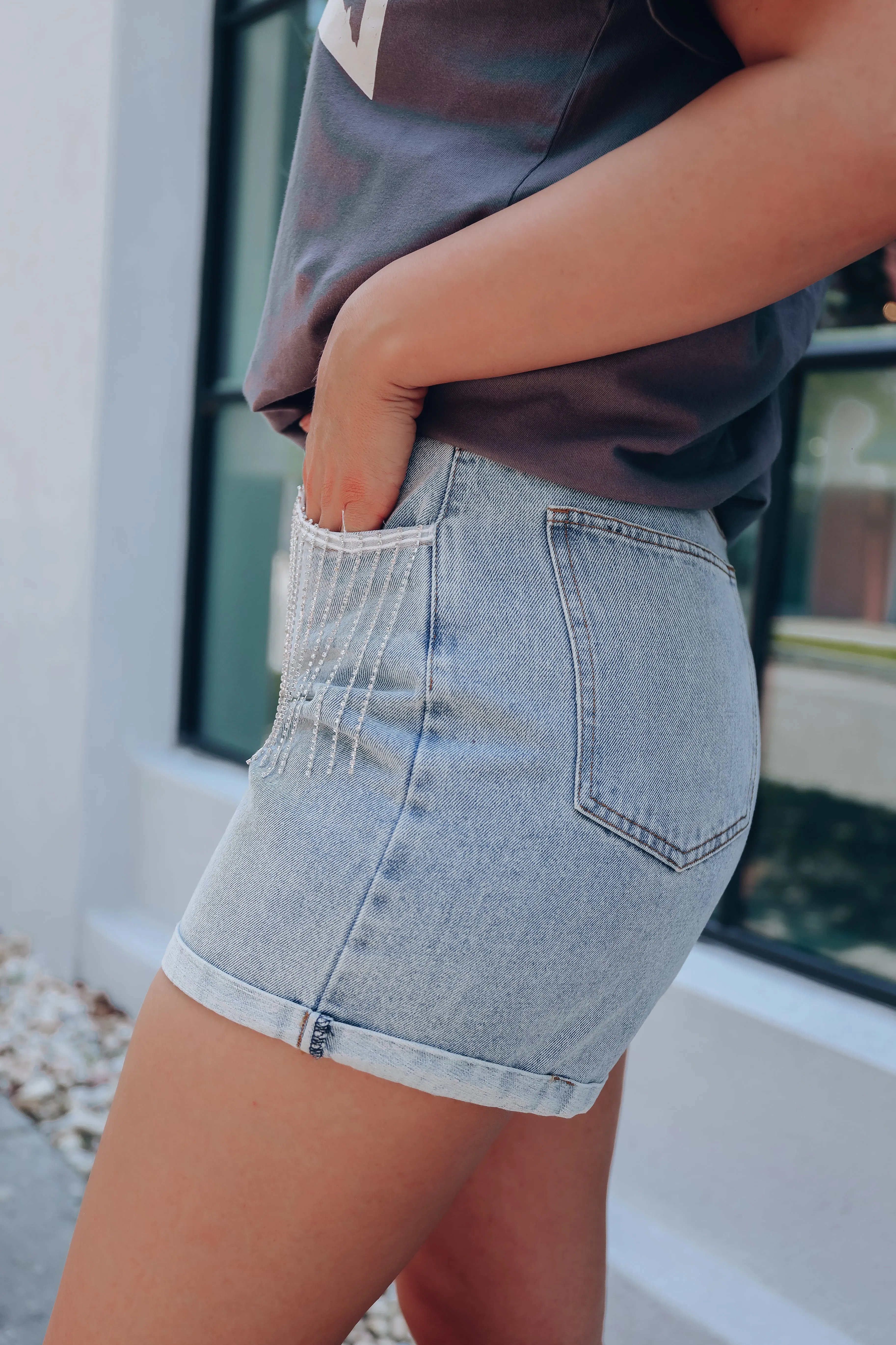 Rockford Crystal Fringe Denim Shorts