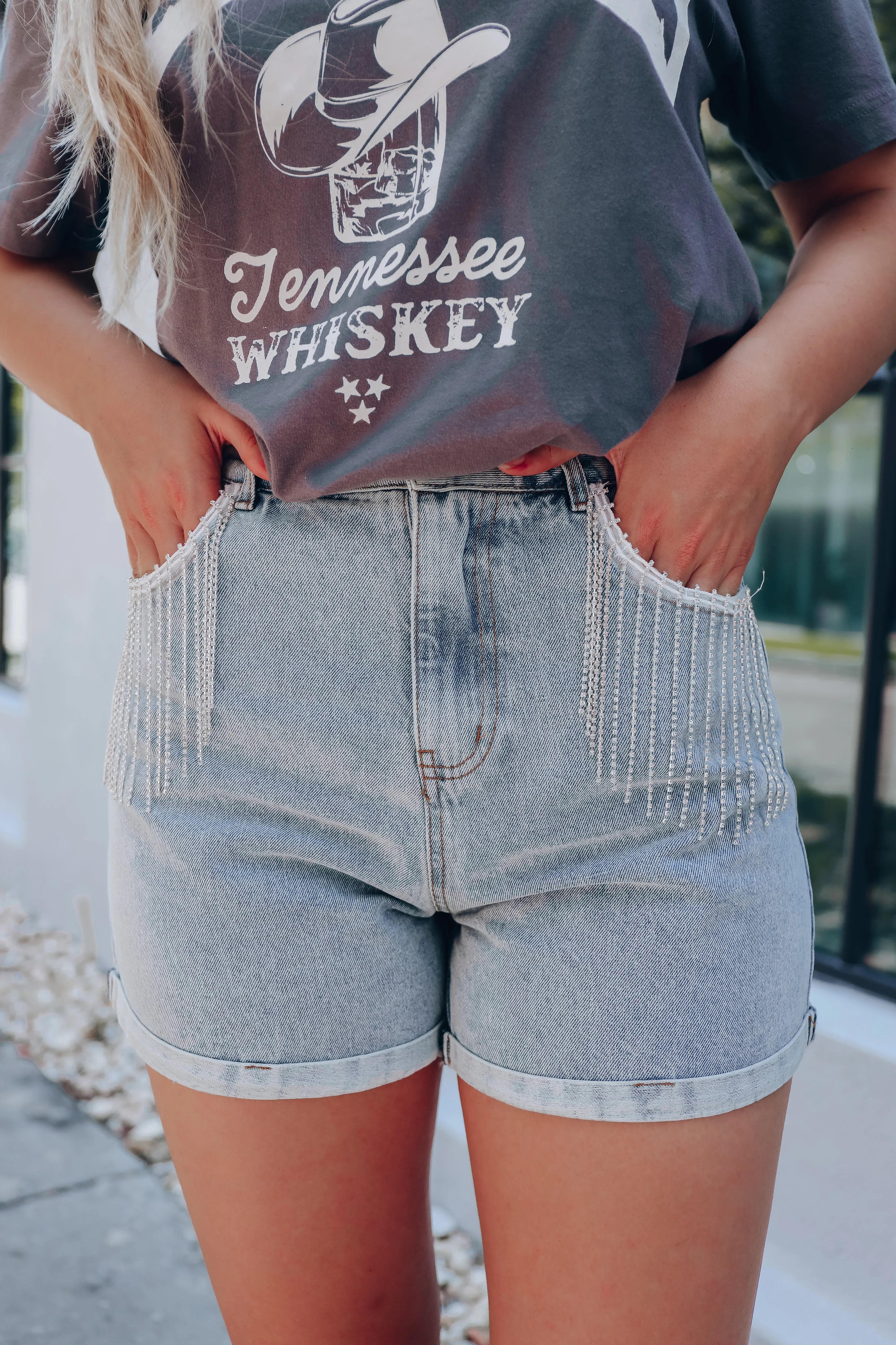 Rockford Crystal Fringe Denim Shorts