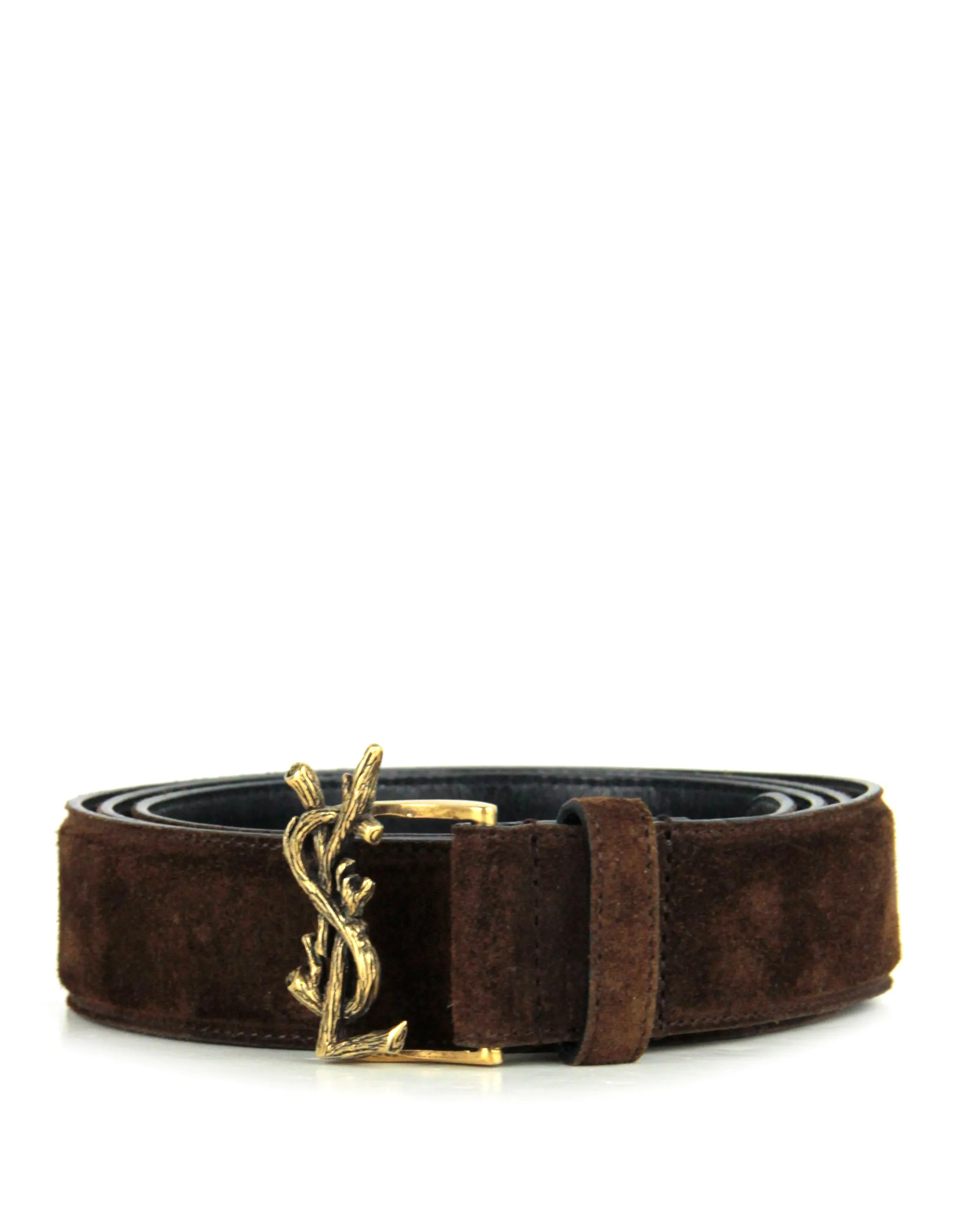 Saint Laurent Brown Suede Logo Buckle Belt sz 85