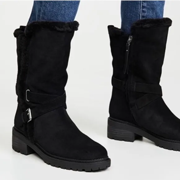 Sam Edelman Black Jailyn Faux Fur Lined Warm Winter Belted Slip On Lugged Boot