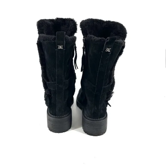 Sam Edelman Black Jailyn Faux Fur Lined Warm Winter Belted Slip On Lugged Boot