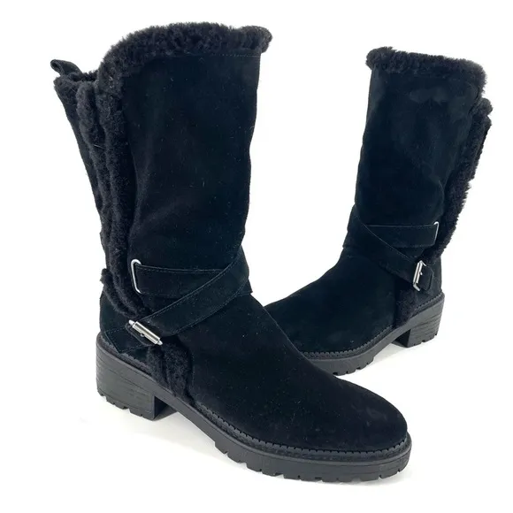 Sam Edelman Black Jailyn Faux Fur Lined Warm Winter Belted Slip On Lugged Boot