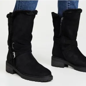 Sam Edelman Black Jailyn Faux Fur Lined Warm Winter Belted Slip On Lugged Boot