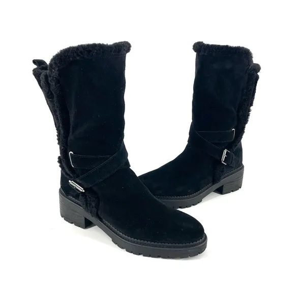 Sam Edelman Black Jailyn Faux Fur Lined Warm Winter Belted Slip On Lugged Boot