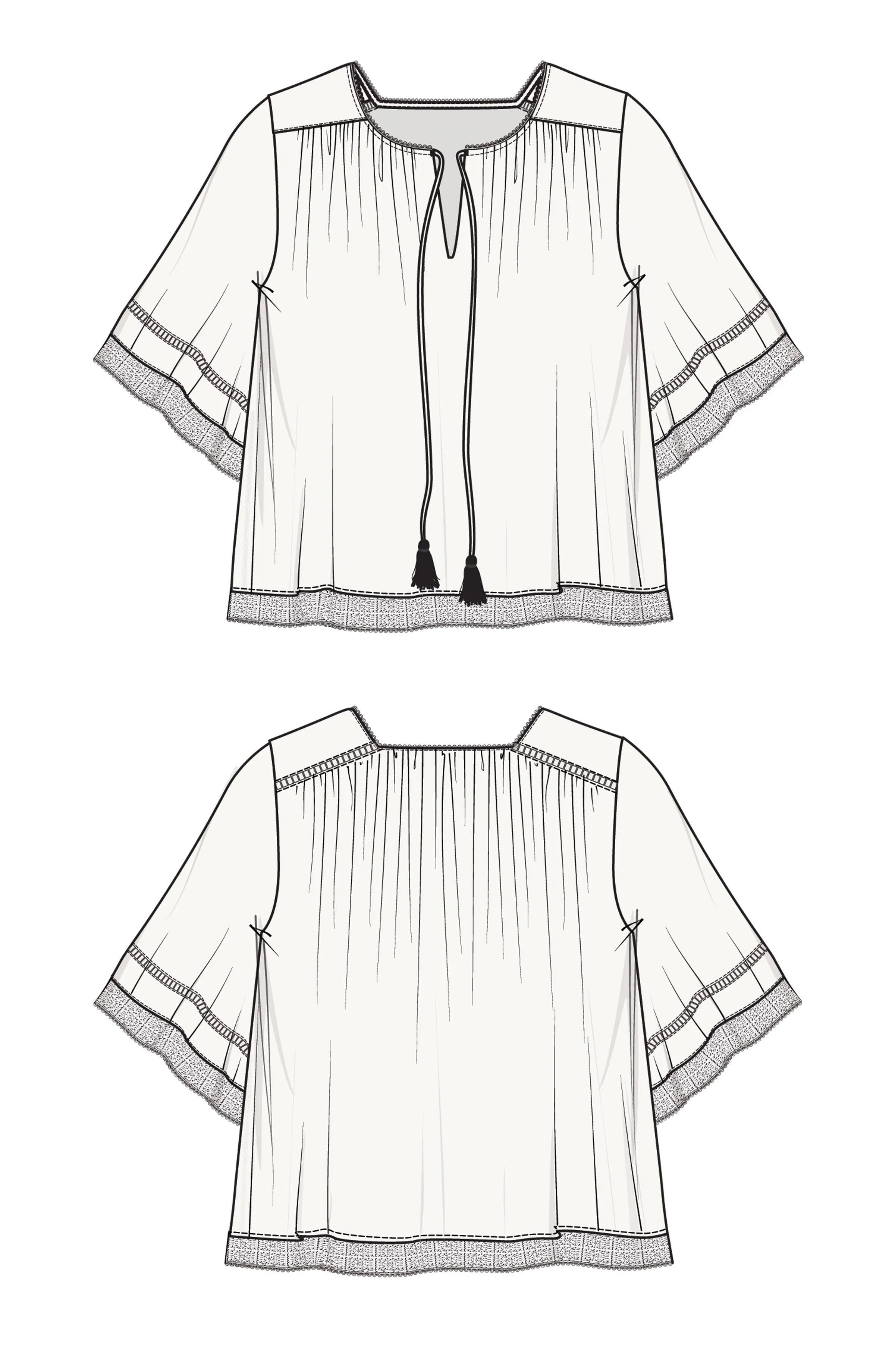 Shirred Woven Tie Front Top With Trim