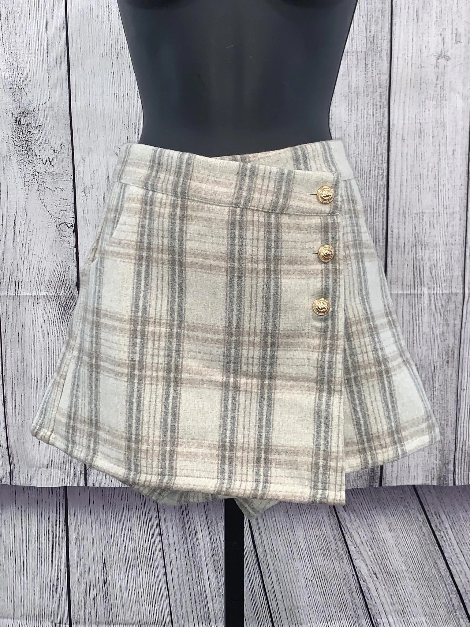 Taupe Plaid Wrap Skort
