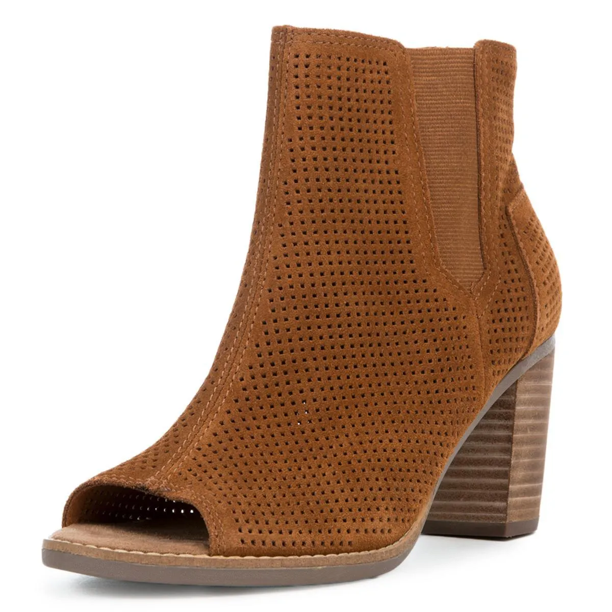 Toms Majorca Peep Toe Cinnamon Suede Perforated Bootie