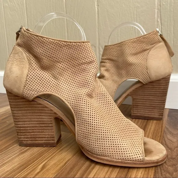 Vince Camuto Perforated Leather Tan Bevina Cutout Peep Toe Booties