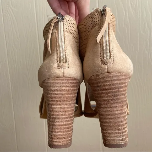 Vince Camuto Perforated Leather Tan Bevina Cutout Peep Toe Booties