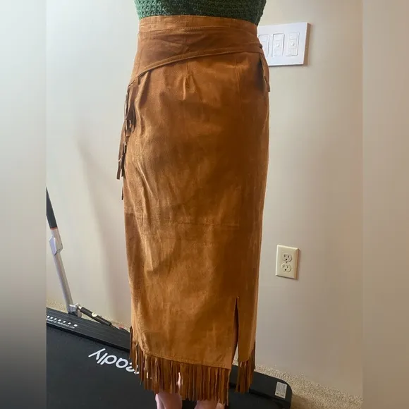 Vintage suede wrap fringe skirt. Medium