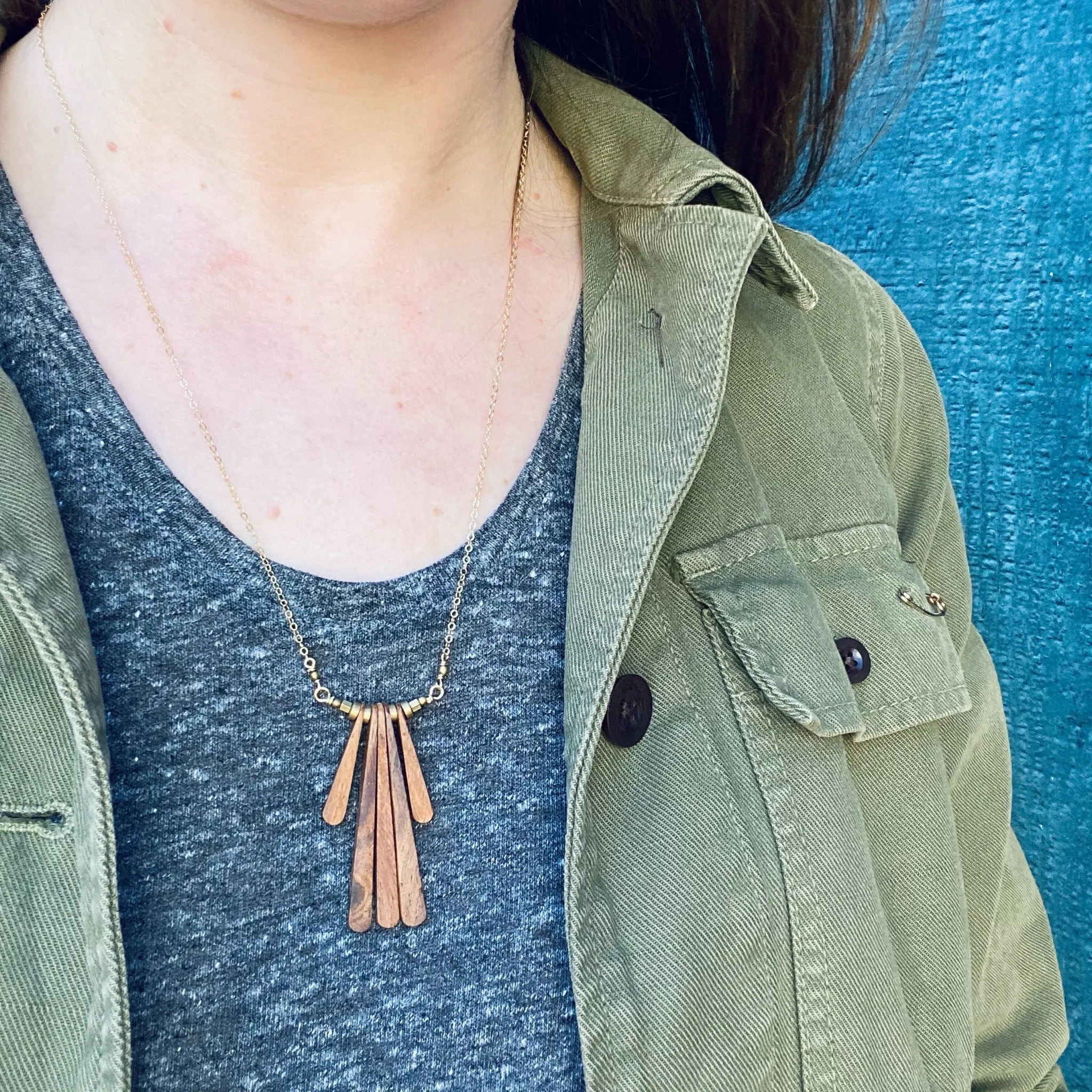Warm Wood & Brass Fringe Necklace by Brin