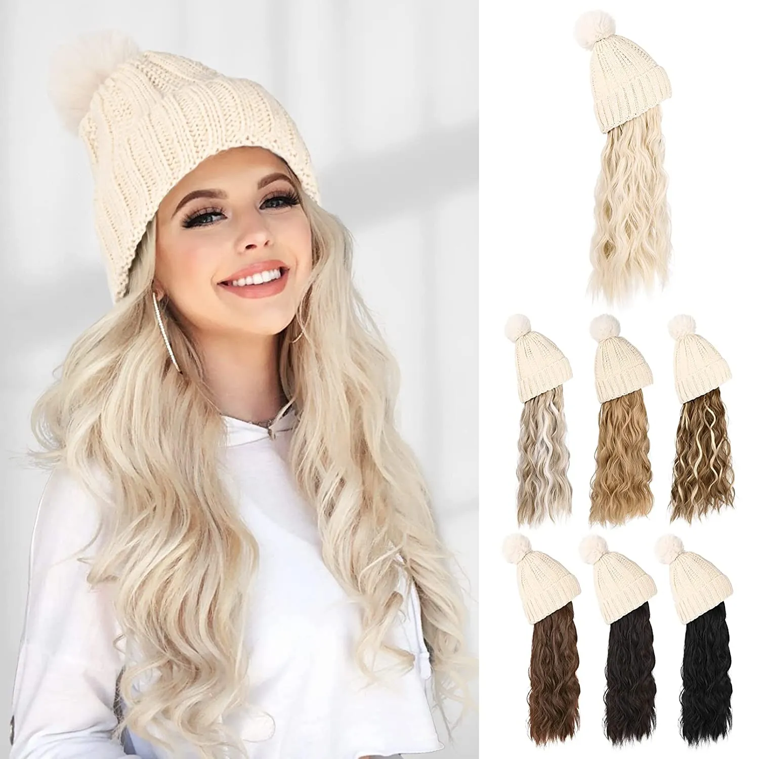 Wigyy  Ins Hot Hat Hair Extension Long Wavy Curly White Hat Wig