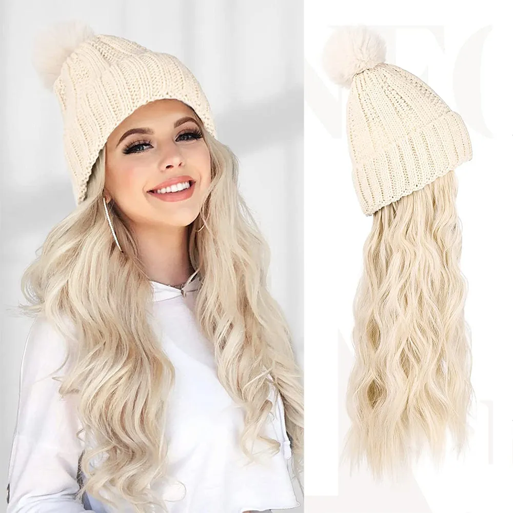 Wigyy  Ins Hot Hat Hair Extension Long Wavy Curly White Hat Wig